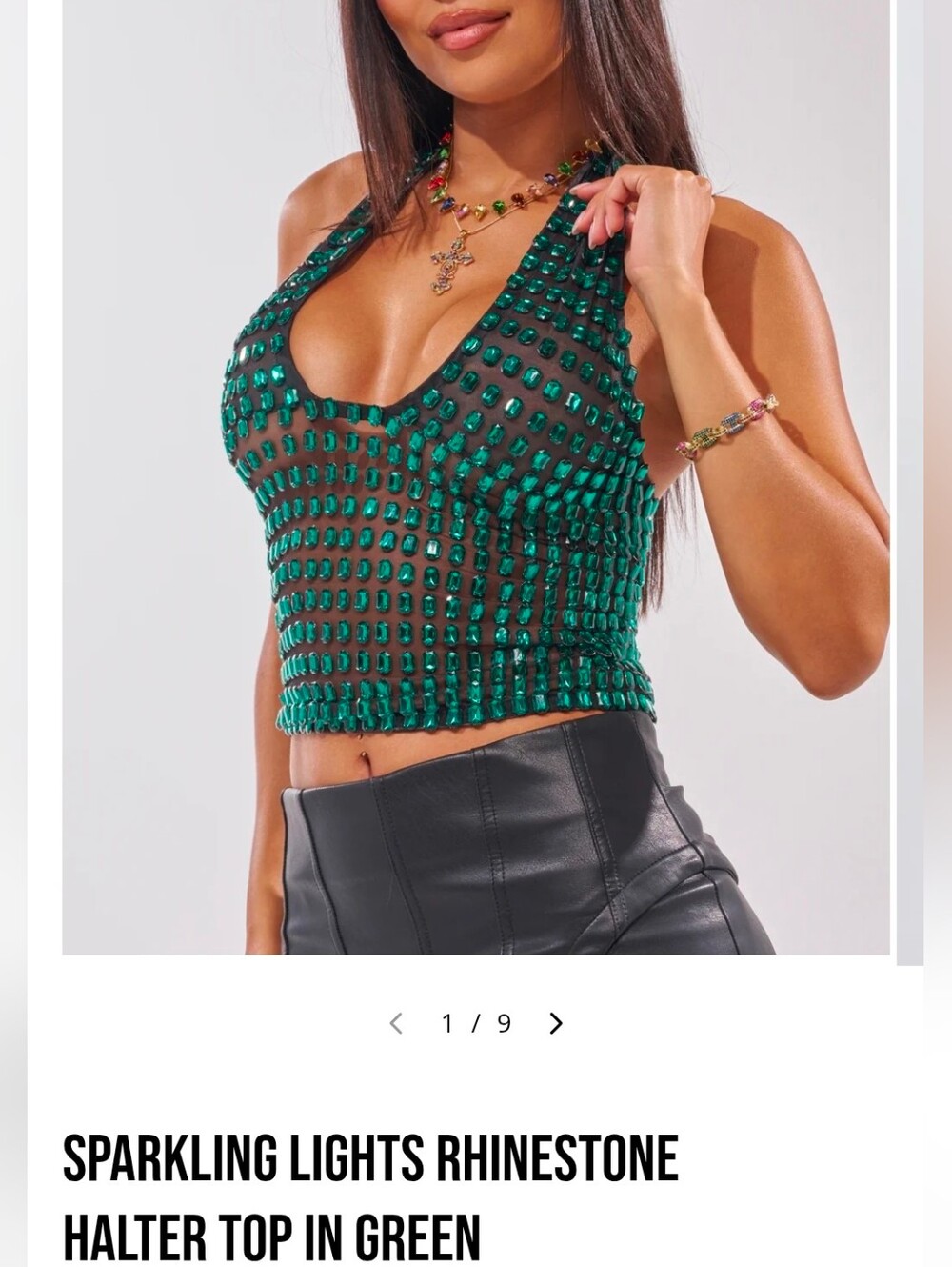AKIRA Green Rhinestone Halter Crop Top with Black Mesh L NWT
